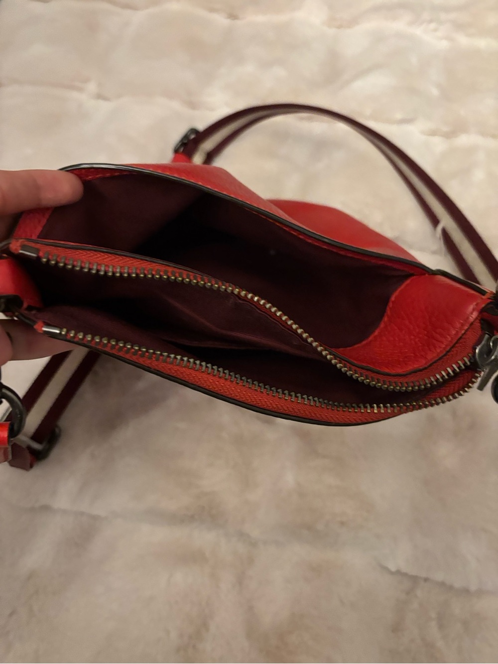 Coach Red Pebbled Leather Crossbody with Striped Strap - Picture 6 of 7